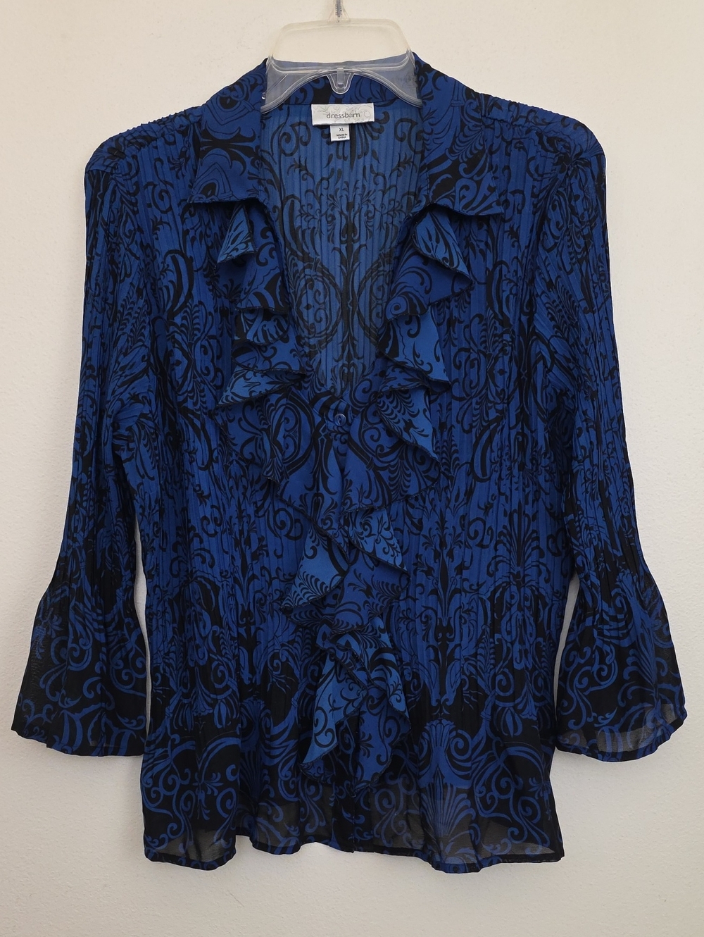 Dressbarn Blue & Black Print Low Ruffled V-neckline Button Top XL